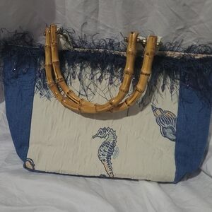 Embroidered Nautical Purse Handbag Feather Beaded Trim Bamboo Handle